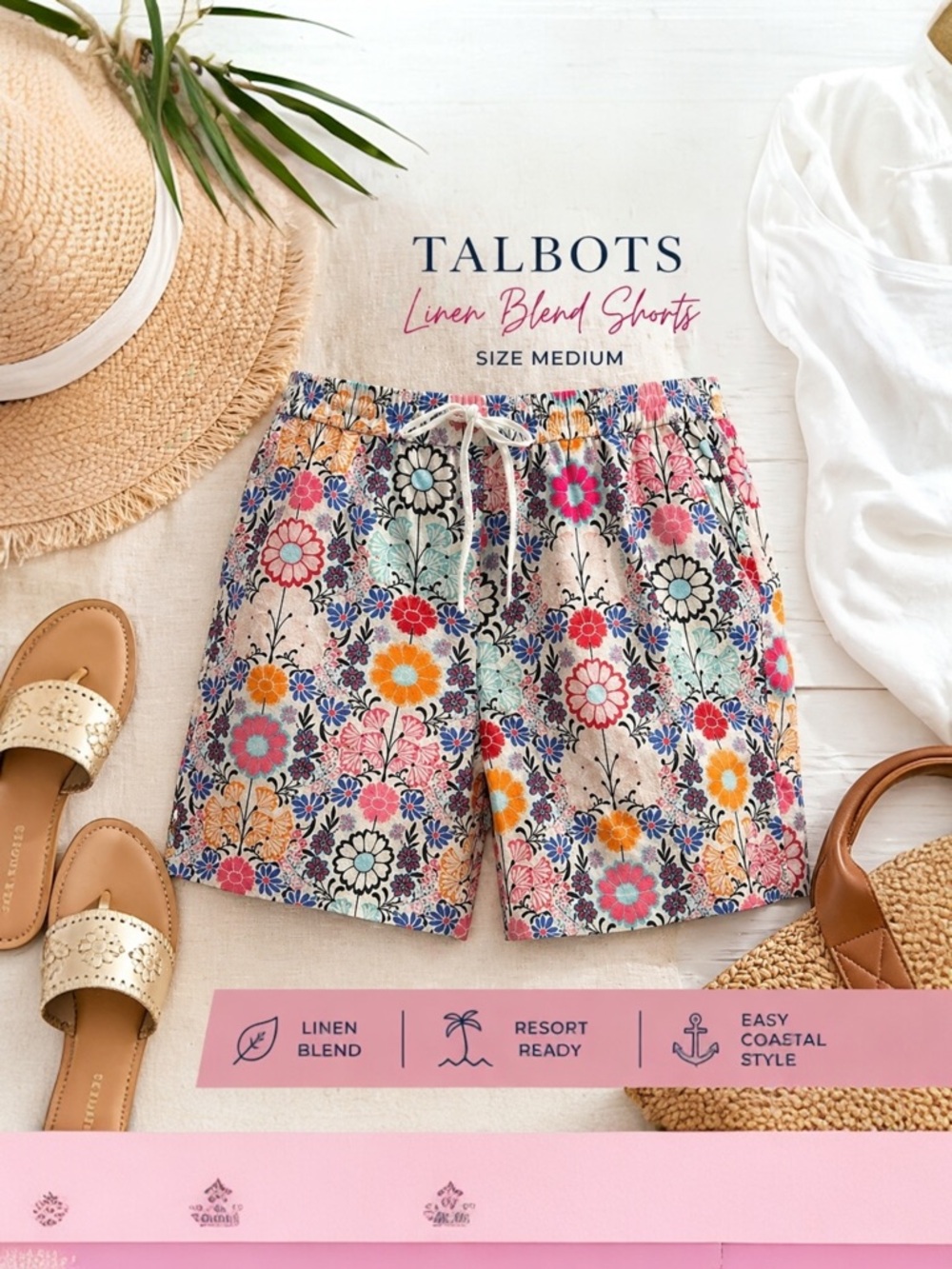 Talbots Linen Blend Floral Pull-On Shorts Medium Coastal Summer Resort